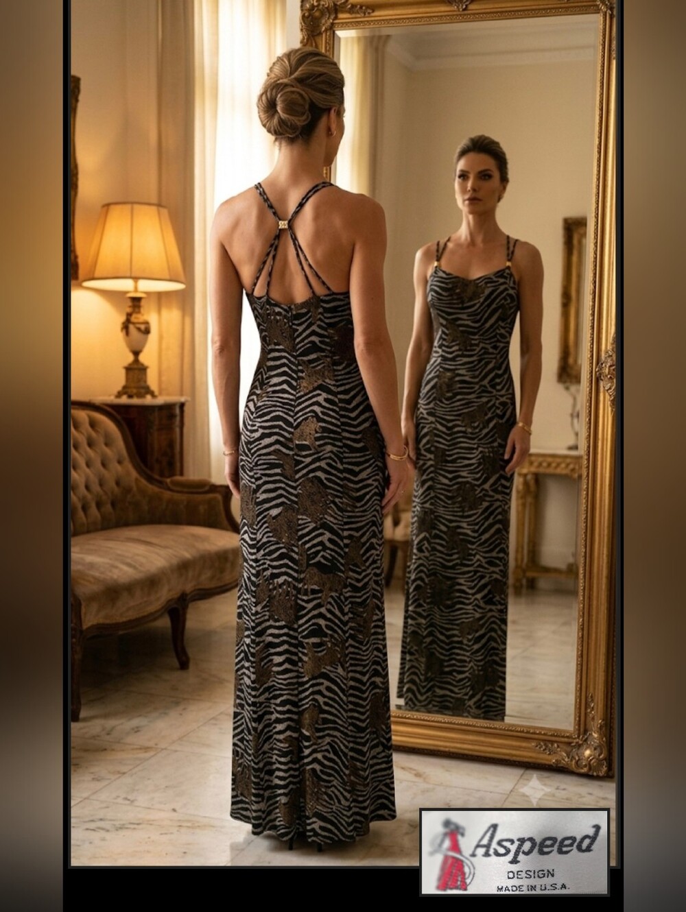 Aspeed Vintage Y2K Black & Gold Zebra-Print Slip Dress